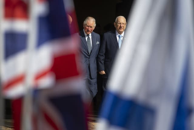 Prince Charles with President Reuven Rivlin, right, at his official residence in Jerusalem