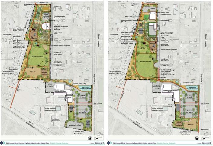 Alternative Concept A, left, and Alternative Concept B, right, of the proposed St. Charles Mesa Community Recreation Center.