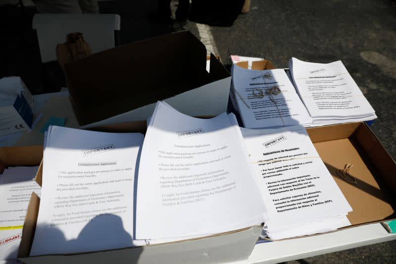 Unemployment forms are seen during an operation to hand them out, as the outbreak of coronavirus disease (COVID-19) continues, in Hialeah