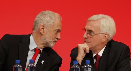 Britain's Labour Party leader, Jeremy Corbyn (L), speaks with shadow Chancellor of the Exchequer, John McDonnell, at the Labour Party conference in Liverpoool, Britain September 26, 2016. REUTERS/Darren Staples