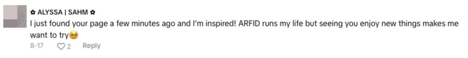 Text comment: "I just found your page a few minutes ago and I'm inspired! ARFID runs my life but seeing you enjoy new things makes me want to try" followed by a smiley emoji