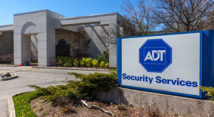 ADT home security sign sitting outside of a building