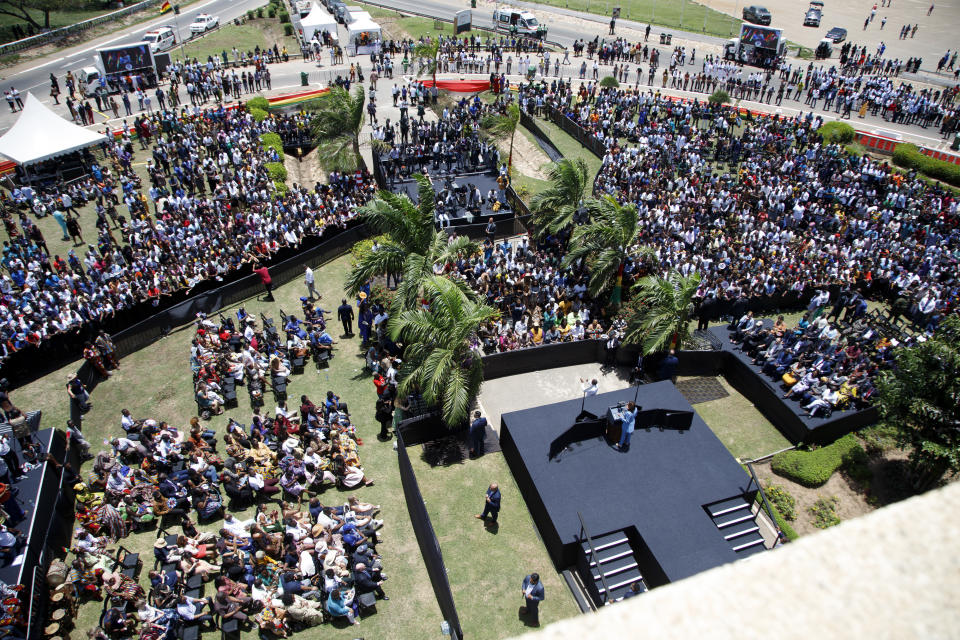 FILE - Vice President Kamala Harris addresses youth gathered on Black Star square in Accra, Ghana, Tuesday, March 28, 2023. (AP Photo/Pool Photo via AP, File)