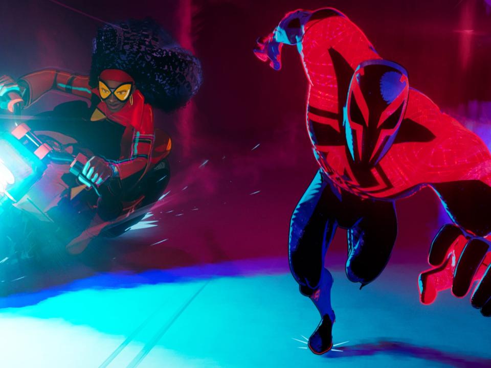 Jessica Drew/Spider-Woman (voiced by Issa Rae) and Miguel O’Hara (voiced Oscar Isaac) in "Spider-Man: Across the Spider-Verse."