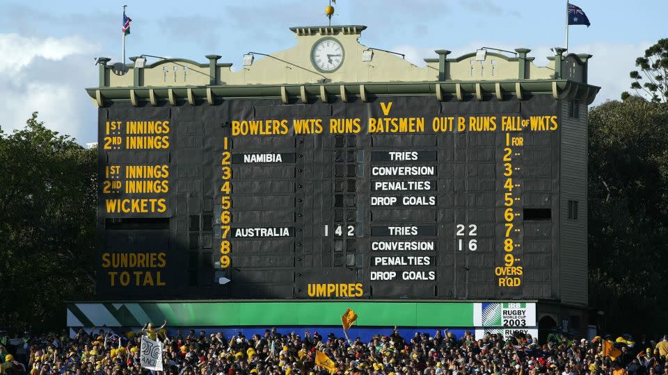 The cricket scoreboard at the Adelaide Oval shows the final score of Australia's 142-0 victory over Namibia at the 2003 Rugby World Cup. - David Davies/PA Images/Getty Images