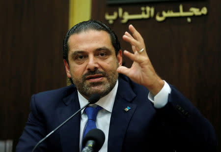 FILE PHOTO: Lebanon's prime minister Saad al-Hariri gestures during a press conference in parliament building at downtown Beirut, Lebanon October 9, 2017. REUTERS/Mohamed Azakir/File Photo