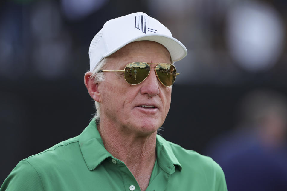 LIV Golf CEO and commissioner Greg Norman looks on during the first round of the LIV Golf Miami golf tournament at Trump National Doral. Mandatory Credit: Sam Navarro-USA TODAY Sports