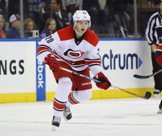 NEW YORK, NY - DECEMBER 03: Sebastian Aho #20 of the Carolina Hurricanes skates against the New York Rangers at Madison Square Garden on December 3, 2016 in New York City. The Rangers defeated the Hurricanes 4-2. (Photo by Bruce Bennett/Getty Images)