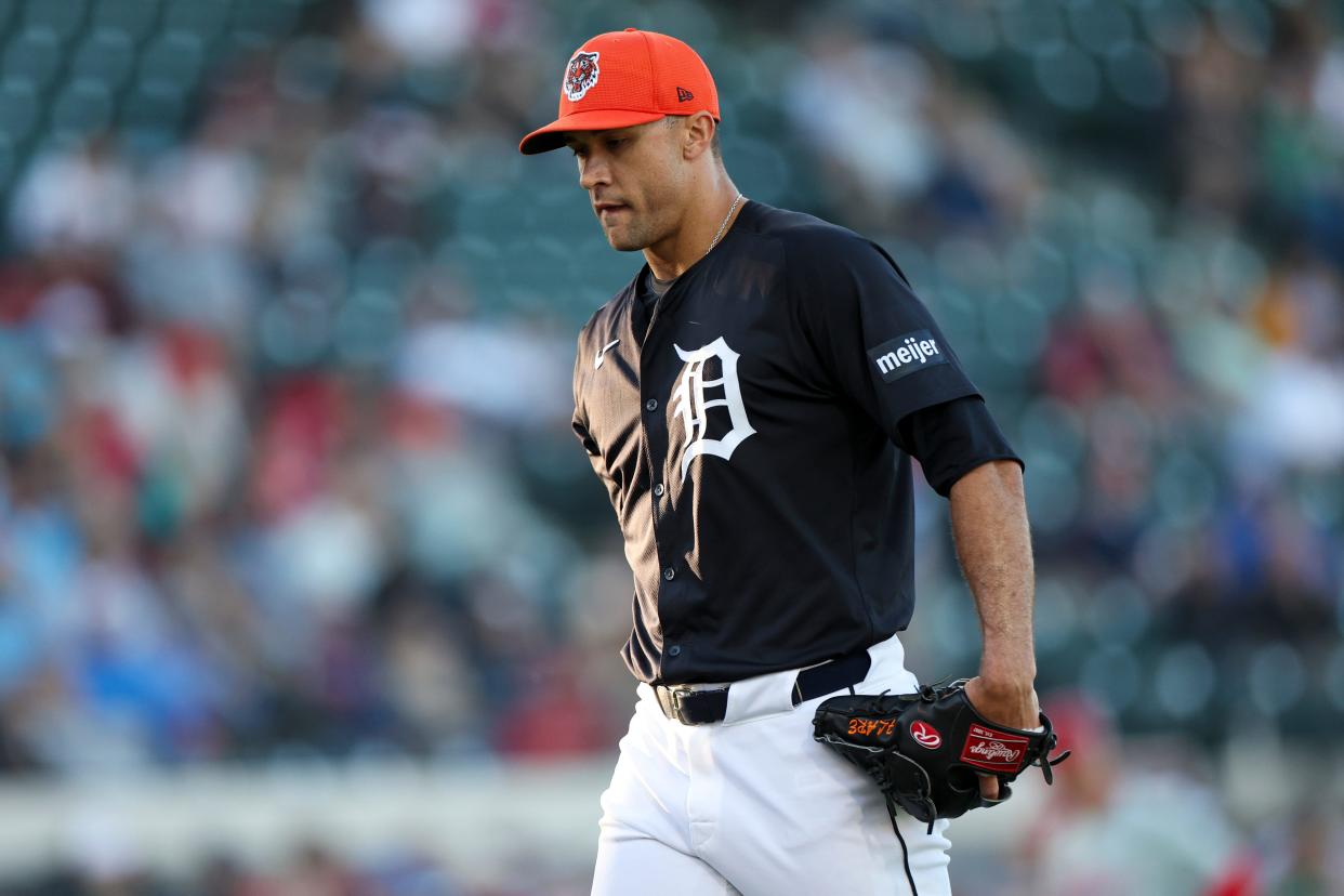 Detroit Tigers starting pitcher Jack Flaherty walks off the field after pitching against the Philadelphia Phillies in the fourth inning at Publix Field at Joker Marchant Stadium in Lakeland, Florida, on Tuesday, March 19, 2024.