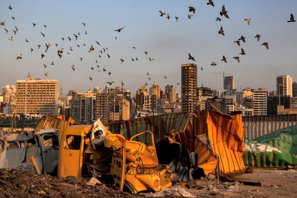 Pigeons fly over destroyed containers at the port of Lebanon's capital Beirut (AFP via Getty Images)