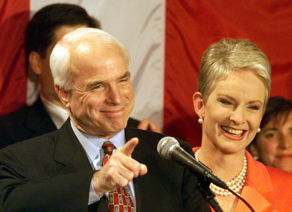 <p>Sen. John McCain and his wife Cindy at the Pacific Design Center in Los Angeles, Calif., on Super Tuesday, March 8, 2000. (Photo: Carolyn Cole/Los Angeles Times via Getty Images) </p>