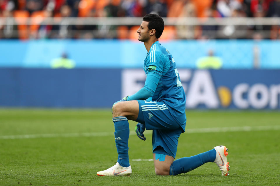 Mohamed El-Shenawy of Egypt is dejected after winning goal scores by Jose Gimenez of Uruguay during the 2018 FIFA World Cup Russia group A match between Egypt and Uruguay at Ekaterinburg Arena on June 15, 2018 in Yekaterinburg, Russia. (Photo by Ryan Pierse/Getty Images)