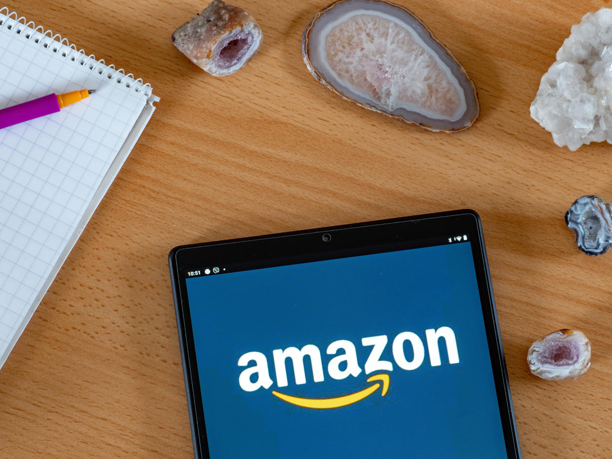 A tablet with Amazon logo