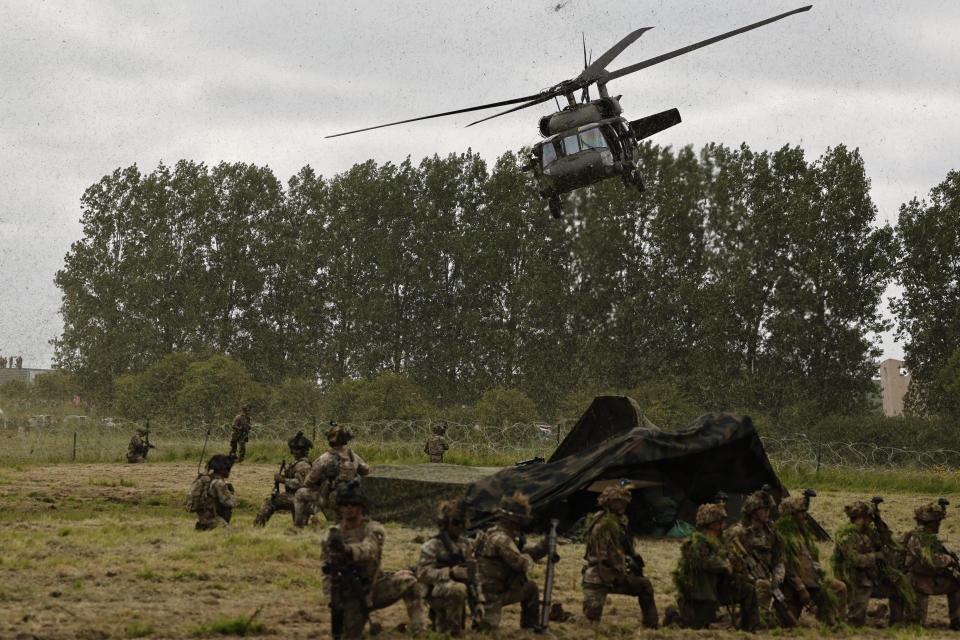 The US Army conducts an air assault demonstration in Carentan-Les-Marais in Normandy, France on Sunday, June 02, 2024, ahead of D-Day 80th anniversary commemorations. (AP Photo/Jeremias Gonzalez)