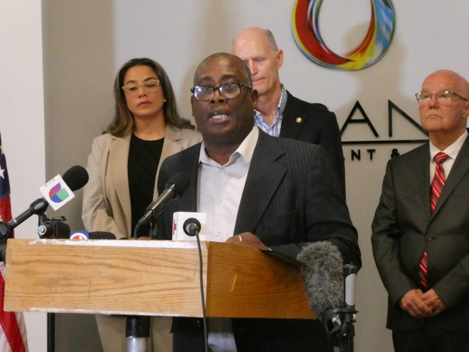 Jorge Luis García Pérez (known as Antúnez), a former Cuban political prisoner, speaks during a news conference U.S. Sen. Rick Scott, R-Florida, held on Monday, June 12, 2023, at restaurant Murano Doral.