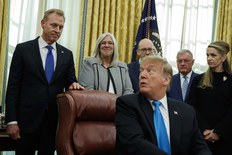 Acting Secretary of Defense Patrick Shanahan listens as President Donald Trump speaks during a signing event for &quot;Space Policy Directive 4&quot; in the Oval Office of the White House on Feb. 19, 2019, in Washington. (Photo: Evan Vucci/AP)