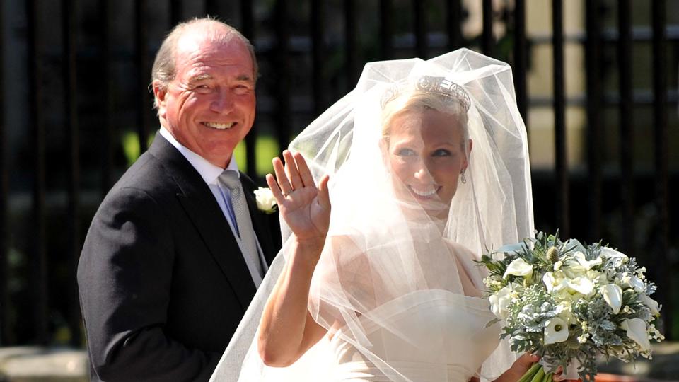 Zara Phillips on her wedding day arriving at church with father Captain Mark Phillips