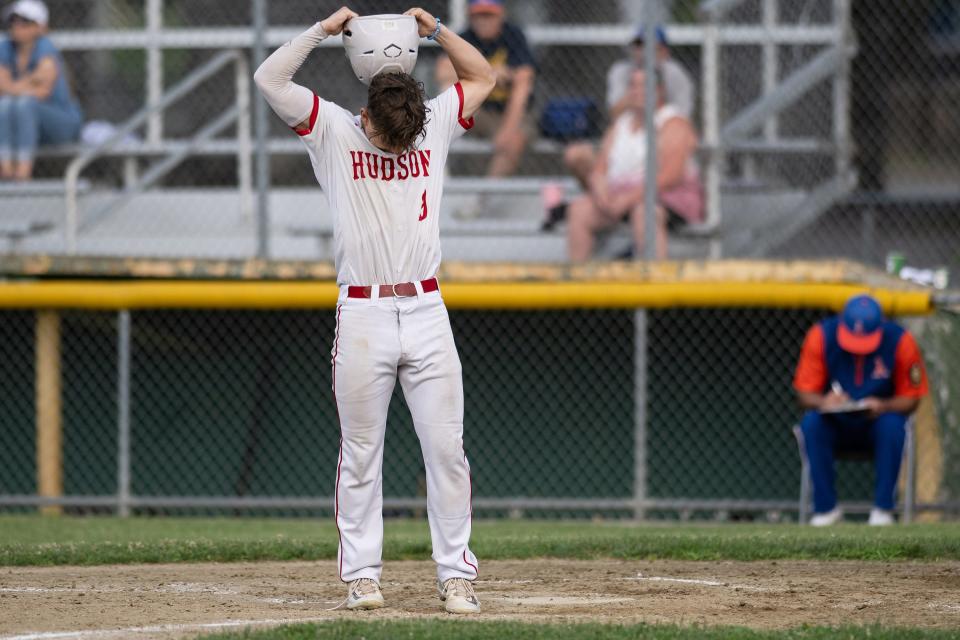 Hudson Post 100's Cal Thompson is frustrated with a strike call to end the top of the third inning against Leominster Post 151.