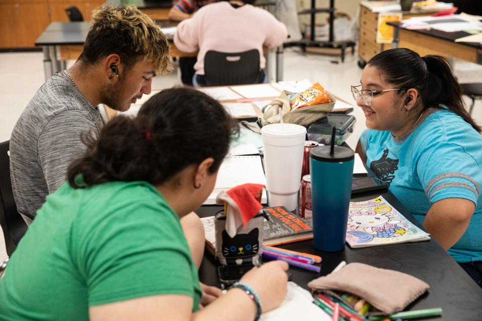 Aayla O'Grady, front, Alexis Espino and Juan Perez sketch during a voluntary half-day of intervention and enrichment at H.M. King Early College High School on Friday, Feb. 9, 2024, in Kingsville, Texas.