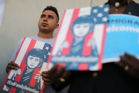 Asylum seeker and former immigrant detainee Mateo Lemus Campos attends a protest against conditions in Adelanto Immigration Detention Center, outside ICE headquarters in Los Angeles, California, U.S. July 24, 2018. REUTERS/Lucy Nicholson