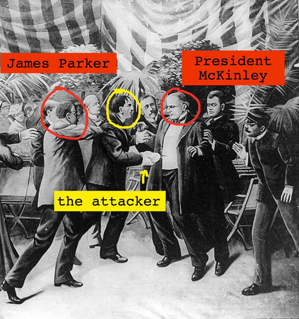 Drawing depicts President William McKinley in front of a patriotic backdrop being attacked by Leon Czolgosz and James Parker lunging towards the Czolgosz