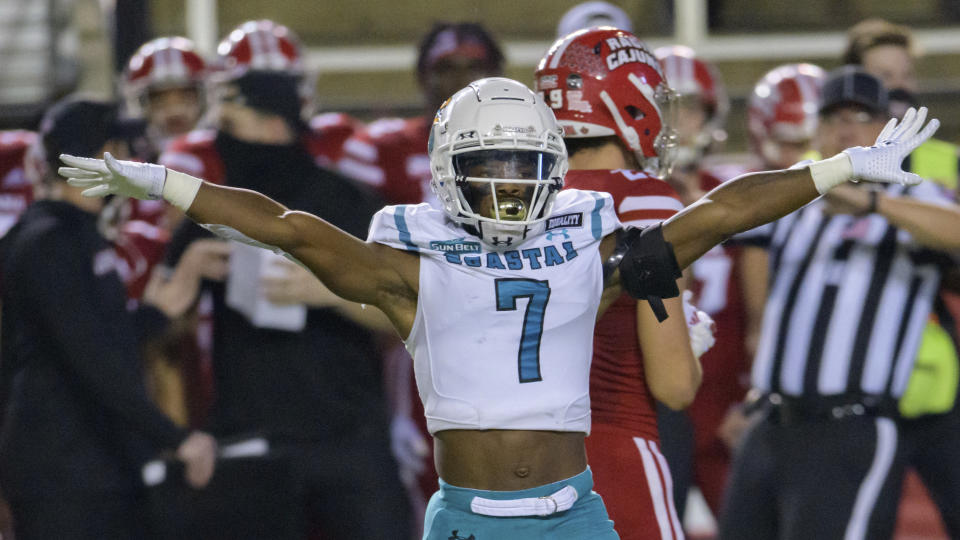 Coastal Carolina cornerback D'Jordan Strong (7) celebrates braking up a pass during an NCAA football game against Louisiana-Lafayette on Wednesday, Oct. 14, 2020 in Lafayette, La. (AP Photo/Matthew Hinton)