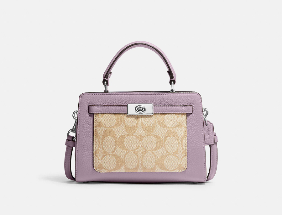 Mini Lane Top Handle in light khaki and ice purple (Photo via Coach Outlet)