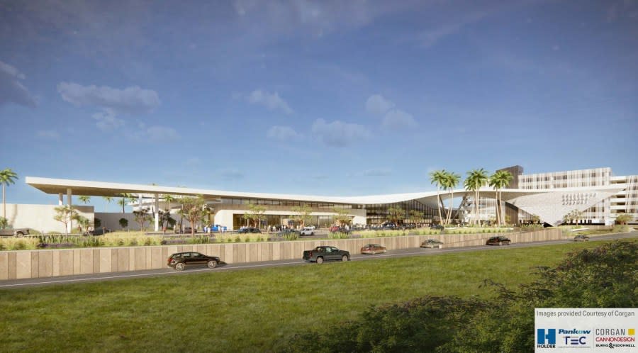 This rendering shows the exterior of the Hollywood Burbank Airport. The Airport Authority chose 'The Icon' concept which draws inspiration from the 'glitz and glamour of Hollywood.' (Hollywood Burbank Airport, courtesy of Corgan)