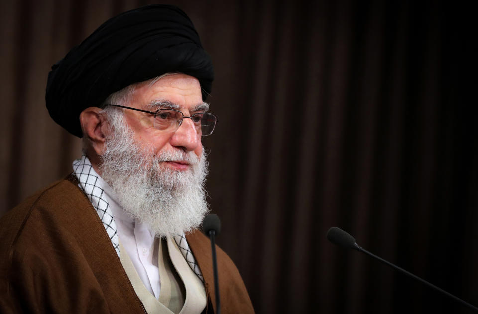 In this photo released by the official website of the office of the Iranian supreme leader, Supreme Leader Ayatollah Ali Khamenei addresses in a televised speech marking the annual Quds, or Jerusalem Day, in Tehran, Iran, Friday, May 22, 2020. Khamenei on Friday called Israel a “cancerous tumor” that “will undoubtedly be uprooted and destroyed” in an annual speech in support of the Palestinians, renewing threats against Iran's Mideast enemy. (Office of the Iranian Supreme Leader via AP)