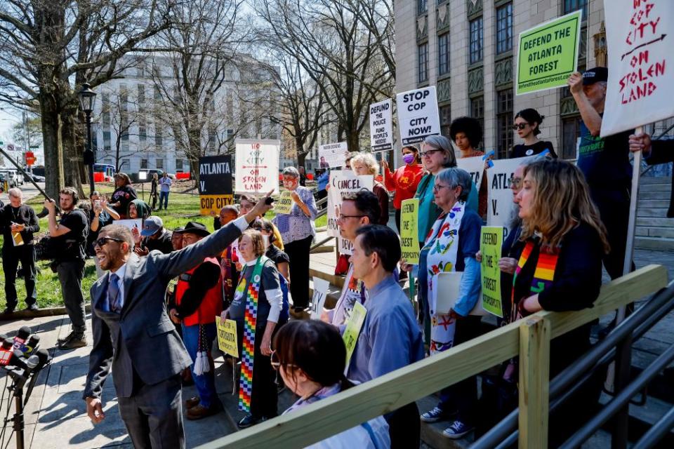 People protest against ‘Cop City’ at Atlanta city hall on 6 March.