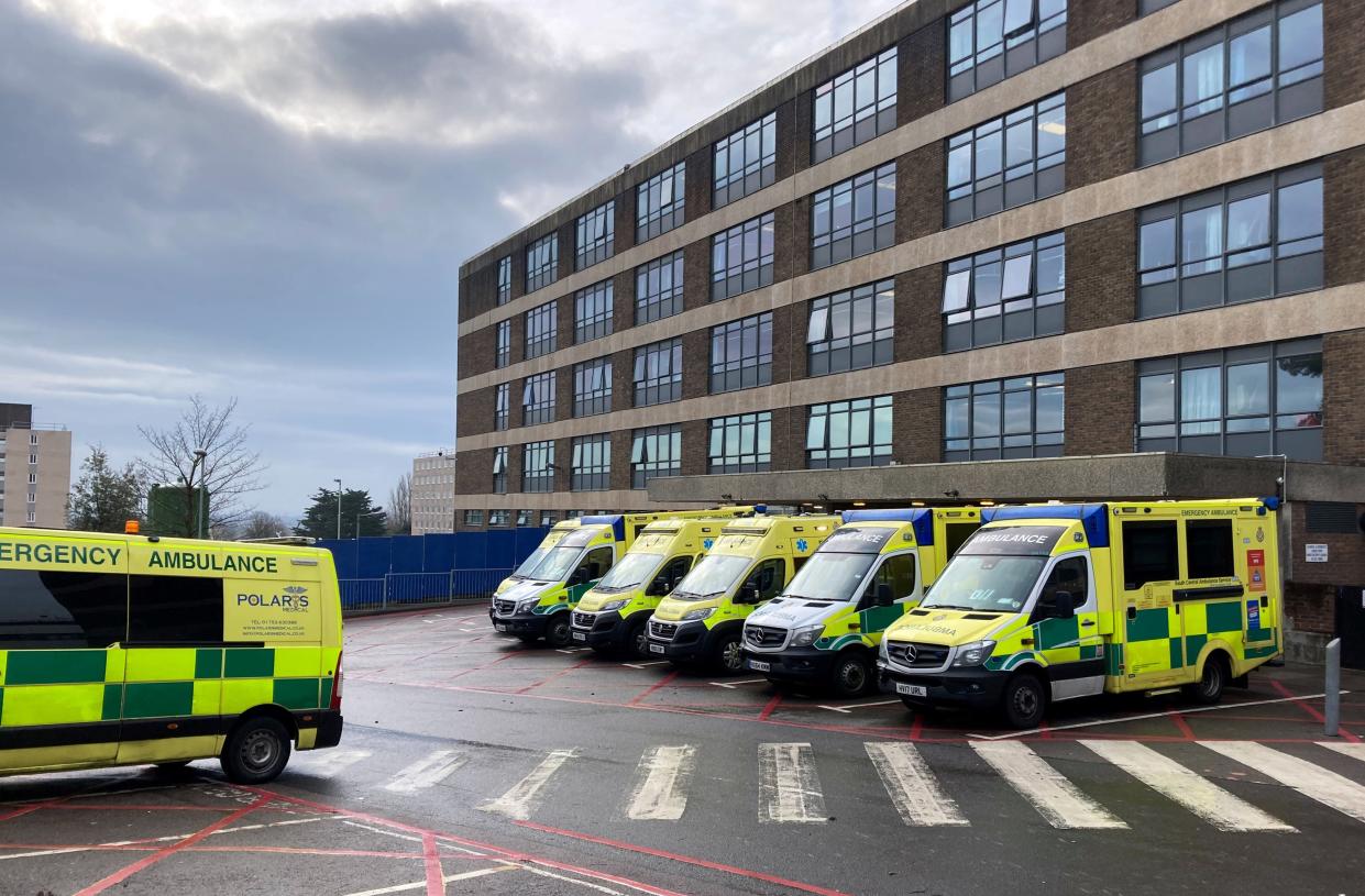 Ambulances parked outside the A&E department at the Queen Alexandra Hospital in Cosham, Portsmouth (PA)