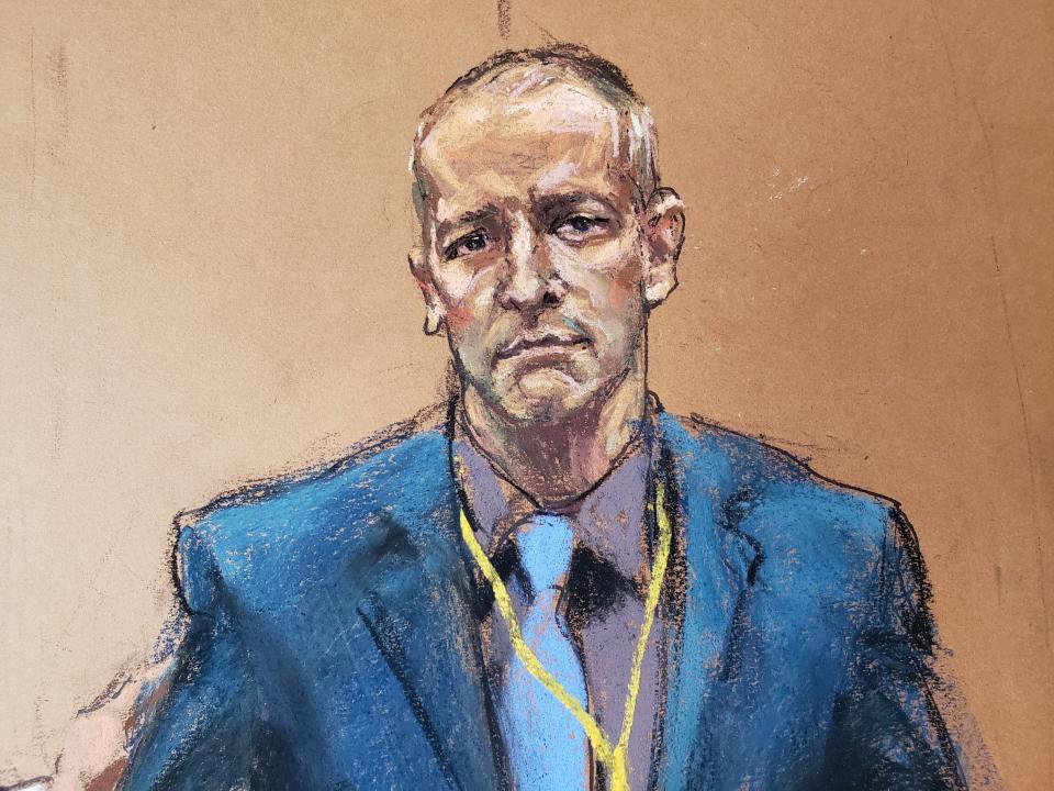 Derek Chauvin, the former Minneapolis police officer facing murder charges in the death of George Floyd, is introduced to potential jurors during jury selection in his trial in Minneapolis, Minnesota, U.S., March 15, 2021 in this courtroom sketch from a video feed of the proceedings. REUTERS/Jane Rosenberg