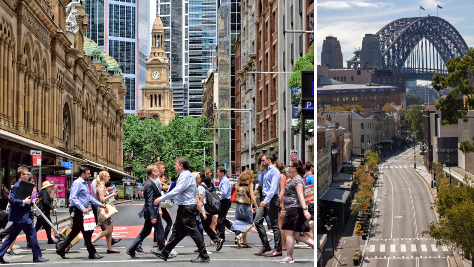 Busy foot traffic crossing a road in the Sydney CBD and the empty streets at the Rocks in Sydney showing the Harbour Bridge in the background.