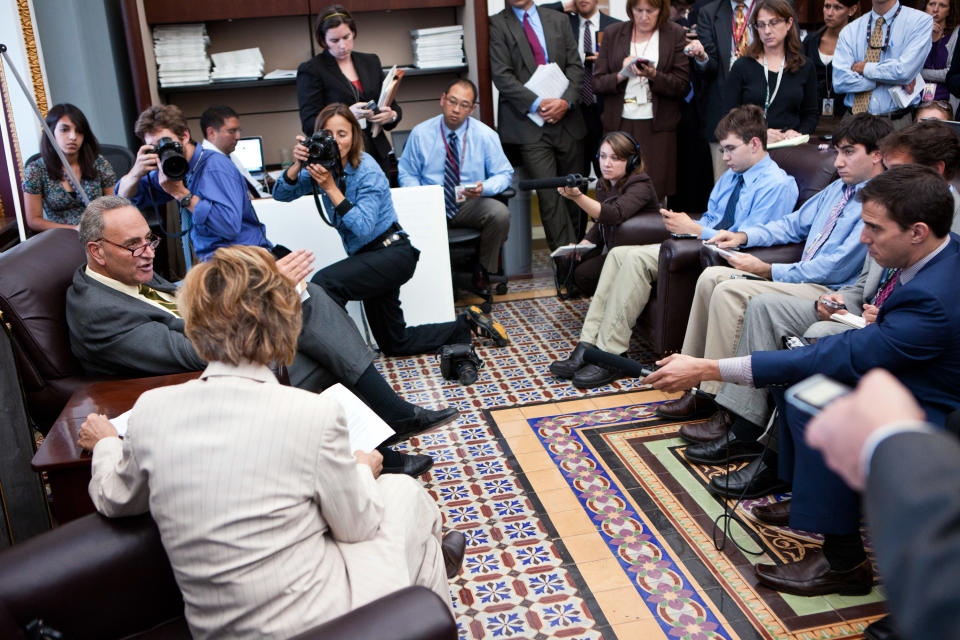 WASHINGTON - SEPTEMBER 15:  U.S. Sen. Charles Schumer (D-NY) (L) and U.S. Sen. Barbara Boxer (D-CA) (2nd L) talk with reporters on Capitol Hill regarding attempts to avert a shutdown of the Federal Aviation Administration on September 15, 2011 in Washington, DC. Sen. Tom Coburn (R-OK) is obstructing efforts to pass a temporary funding extension for the agency over what he sees as wasteful spending. (Photo by Brendan Hoffman/Getty Images)