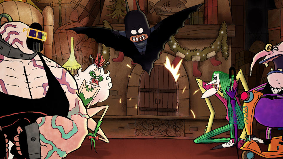 Bane, Poison Ivy, Damian Wayne, the Joker, and Penguin in Merry Little Batman.