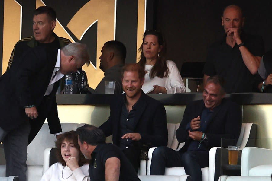 LOS ANGELES, CALIFORNIA – SEPTEMBER 03: (C) Prince Harry reacts during a match between Inter Miami CF and Los Angeles Football Club at BMO Stadium on September 03, 2023 in Los Angeles, California. (Photo by Harry How/Getty Images)