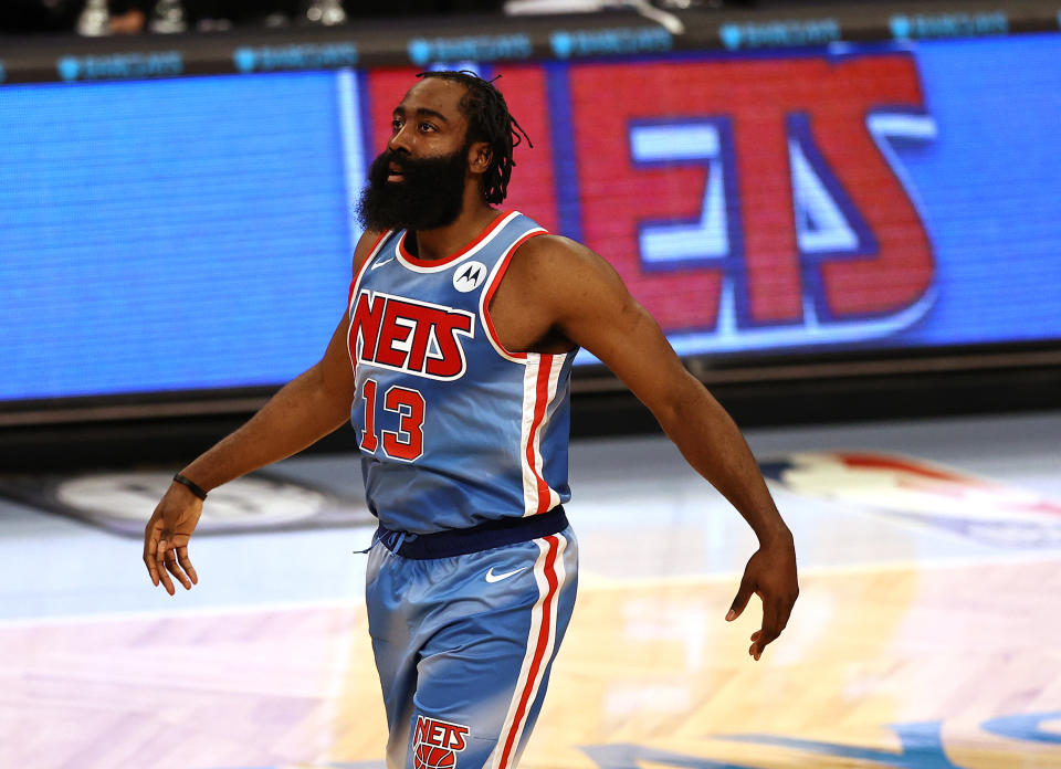 James Harden #13 of the Brooklyn Nets enters the game in the second quarter against the San Antonio Spurs at Barclays Center on May 12, 2021 in the Brooklyn borough of New York City.NOTE TO USER: User expressly acknowledges and agrees that, by downloading and or using this photograph, User is consenting to the terms and conditions of the Getty Images License Agreement. (Photo by Elsa/Getty Images)