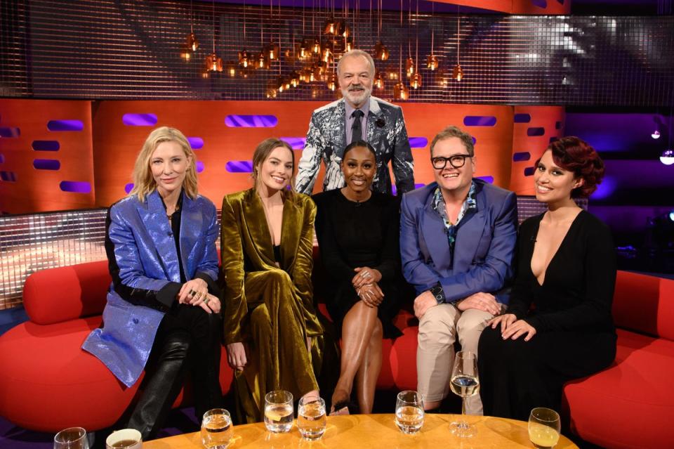 Cate Blanchett, Margot Robbie, Beverley Knight, Carr, and RAYE join Graham Norton during the filming for the Graham Norton Show (PA)