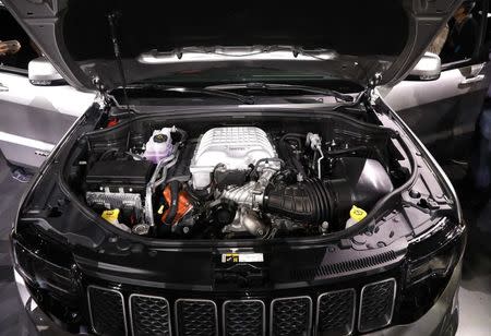 The 707 horsepower supercharged V-8 engine of the 2018 Jeep Grand Cherokee Trackhawk is shown at the 2017 New York International Auto Show in New York City, U.S. April 12, 2017. REUTERS/Brendan Mcdermid