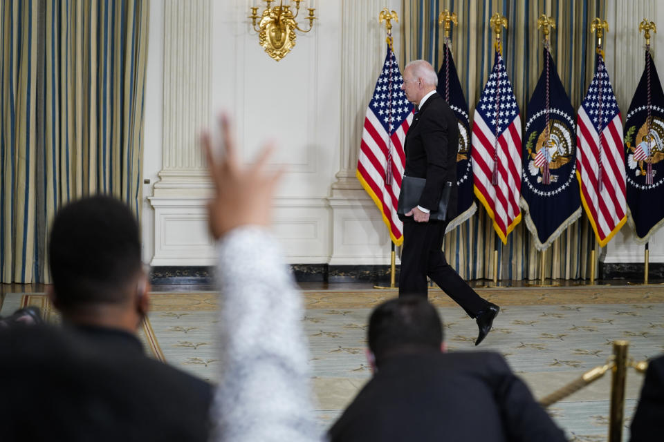 President Joe Biden departs after speaking about the October jobs report from the State Dining Room of the White House, Friday, Nov. 5, 2021, in Washington. (AP Photo/Evan Vucci)