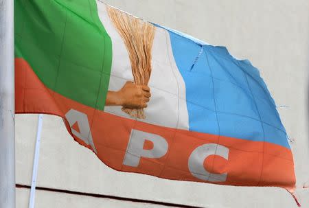 FILE PHOTO: An APC flag is pictured at the All Progressive Congress (APC) national headquarters in Abuja, Nigeria July 5, 2018. REUTERS/Afolabi Sotunde/File Photo