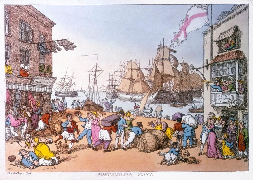 In the 18th and 19th centuries, port cities were bustling centres of activity where sailors mingled freely with landsmen. Illustration by Thomas Rowlandson, 1811. (Royal Museums Greenwich)