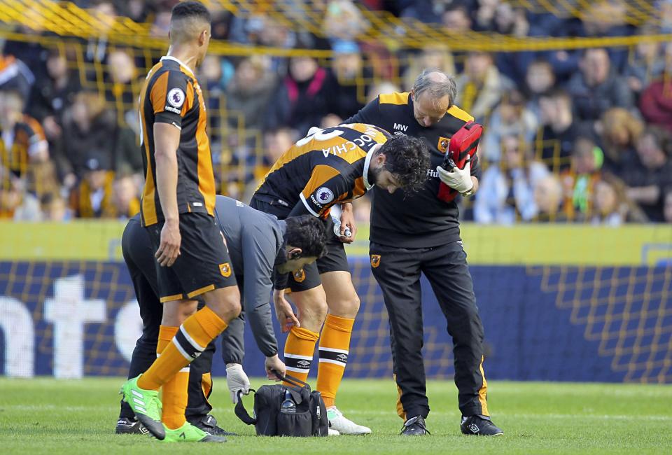 <p>Hull City’s Andrea Ranocchia receives medical attention </p>