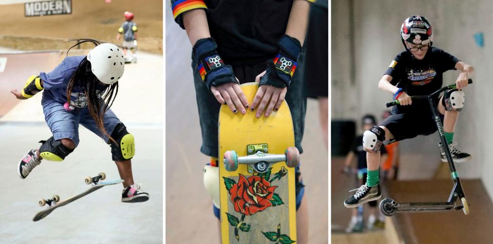 LEFT: Gabby Thompson, 15, of Allen Park, works on a trick during the skate clinic held at Modern Skate Park on Tuesday, July 11, 2023. CENTER: Lucy Biassa, 12, of Clawson, holds her customized board during on Monday, July 10, 2023. RIGHT: Miles Reavis, 12, goes over a jump on his scooter on Tuesday, July 11, 2023. Scooter riders are capable of doing some of the same stunts performed on skateboards.