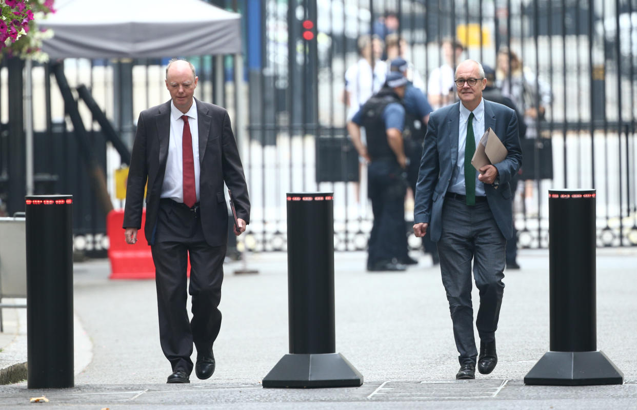 The government's chief medical officer Chris Whitty (left) and chief scientific adviser Patrick Vallance arrive in Downing Street, London, ahead of a briefing to explain how the coronavirus is spreading in the UK and the potential scenarios that could unfold as winter approaches.