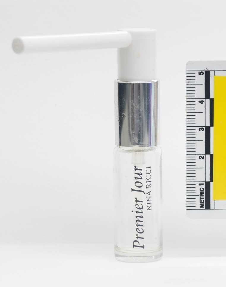 This photo made available by the Metropolitan Police on Wednesday Sept. 5, 2018, shows the perfume bottle and applicator recovered by police at the house of Charlie Rowley. British prosecutors have charged two Russian men, Alexander Petrov and Ruslan Boshirov, with the nerve agent poisoning of ex-spy Sergei Skripal and his daughter Yulia in the English city of Salisbury. They are charged in absentia with conspiracy to murder, attempted murder and use of the nerve agent Novichok. (Metropolitan Police via AP)