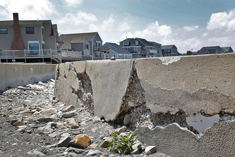 A deteriorating sea wall at Rebecca Road near Lighthouse Point in Scituate on Thursday, June 9, 2022.