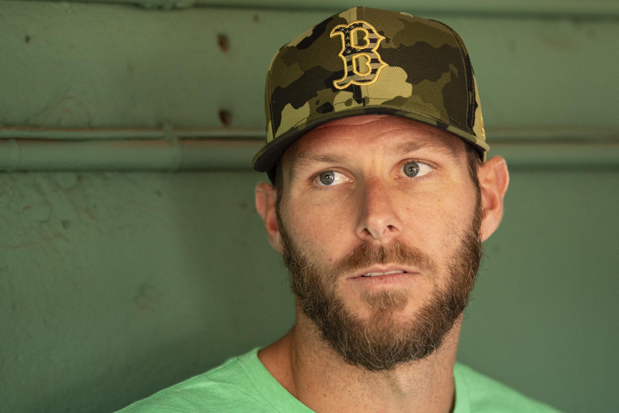 BOSTON, MA - JUNE 14: Chris Sale #41 of the Boston Red Sox addresses the media before a game against the Oakland Athletics on June 14, 2022 at Fenway Park in Boston, Massachusetts. (Photo by Billie Weiss/Boston Red Sox/Getty Images)