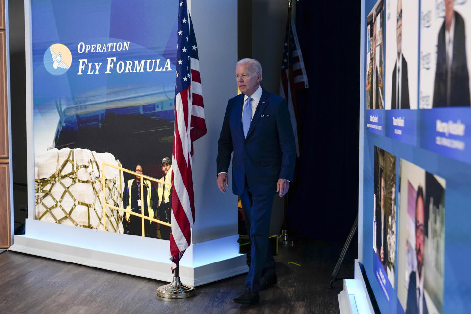 President Joe Biden arrives to meet virtually with infant formula manufacturers from the South Court Auditorium on the White House complex in Washington, Wednesday, June 1, 2022, as his administration works to ease nationwide shortages by importing foreign supplies and using the Defense Production Act to speed domestic production. (AP Photo/Susan Walsh)
