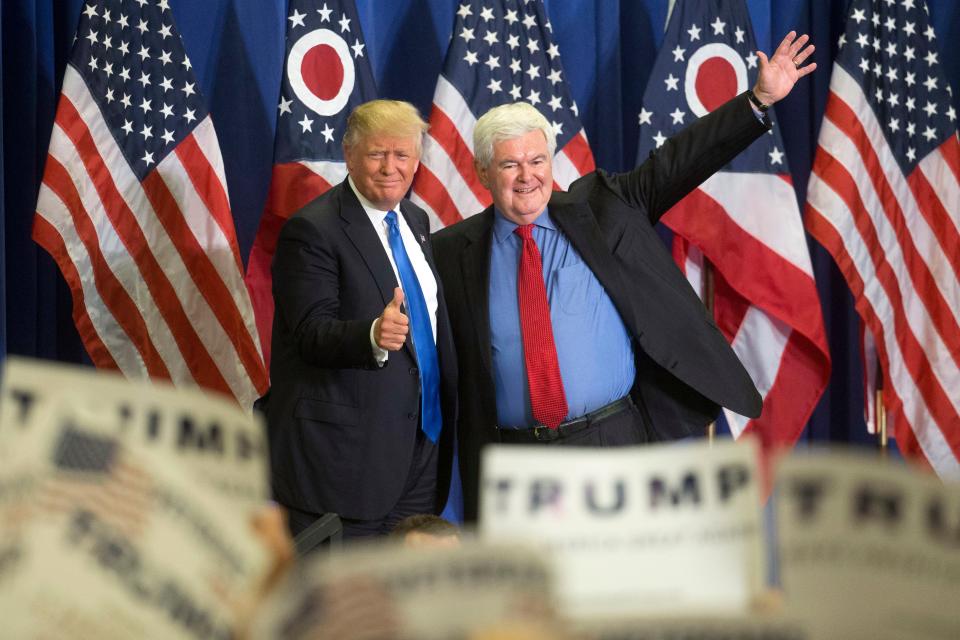 Republican presidential candidate Donald Trump and former House Speaker Newt Gingrich campaign in 2016 in Cincinnati.